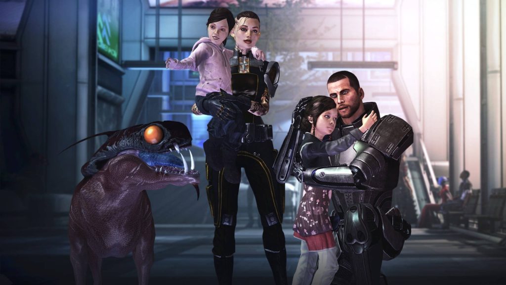 Mass Effect 3D art of Commander Shepard Jack with daughters and pet Varren in bright future Wallpaper
