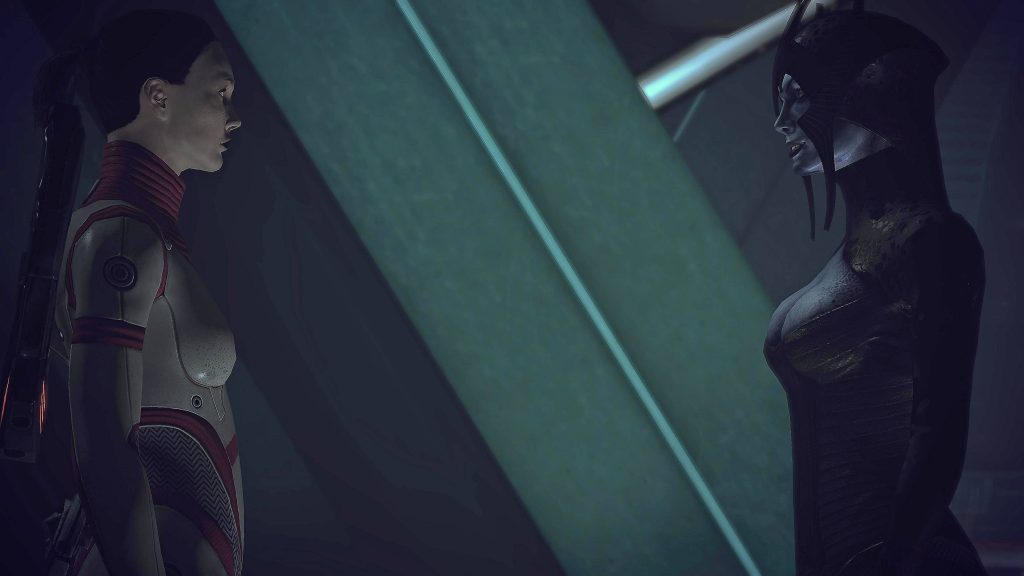 Mass Effect 4K wallpaper showing tense standoff between human Cerberus and Asari Matriarch Benezia