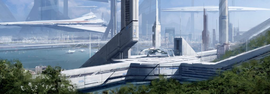 SSV Normandy SR-2 spaceship flying past the Citadel in a detailed 4K Mass Effect sci-fi landscape wallpaper