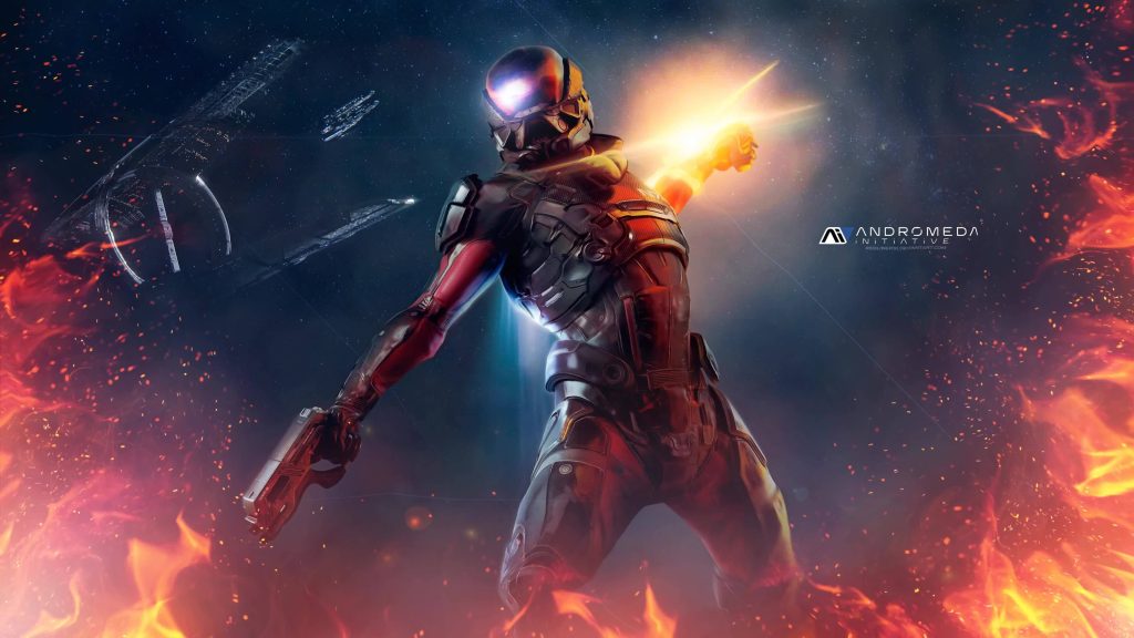 N7 Pathfinder in combat armor with biotic powers amid explosions and space fleet wallpaper