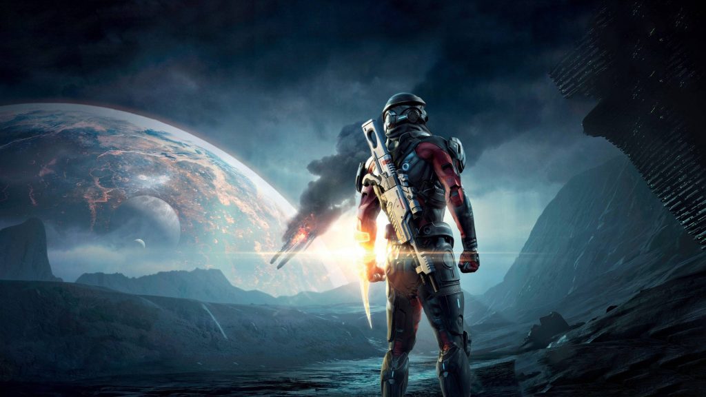Andromeda Pathfinder in futuristic armor on alien world with crashing ship and giant planet background Wallpaper