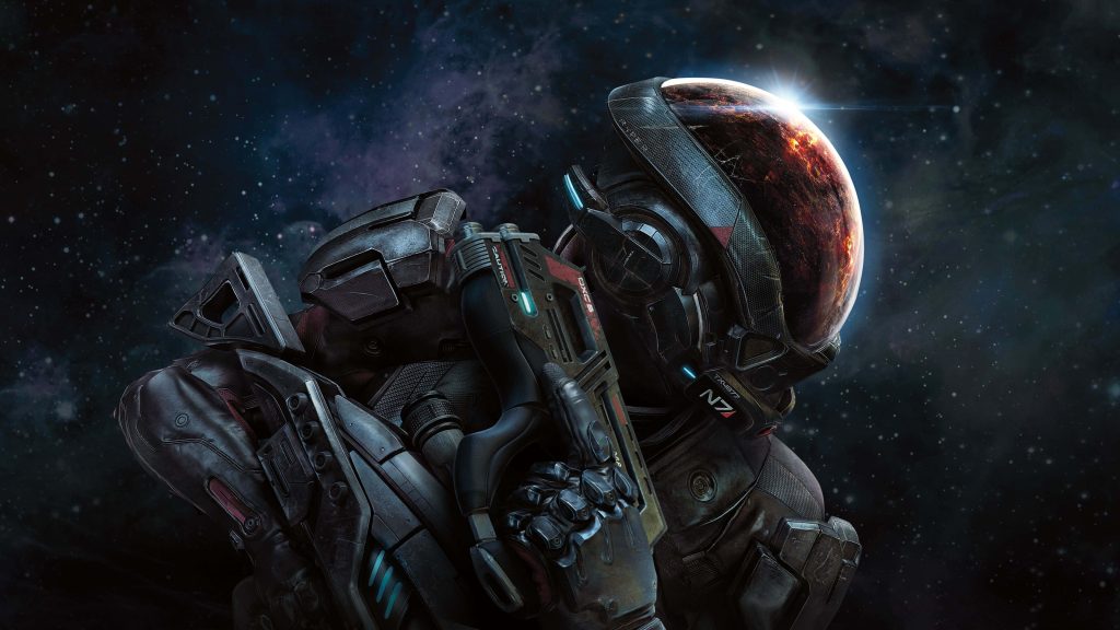 Mass Effect Andromeda wallpaper Pathfinder in N7 armor with burning planet visor 4K UHD art