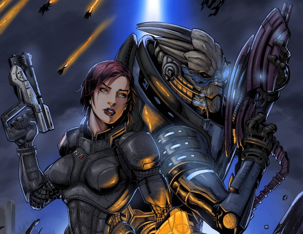 Commander Shepard and Garrus Vakarian in 4K comic-style Mass Effect sci-fi battle wallpaper