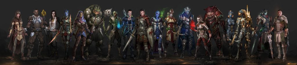 Mass Effect crew as dark fantasy RPG warriors and mages detailed armor dramatic lighting wallpaper