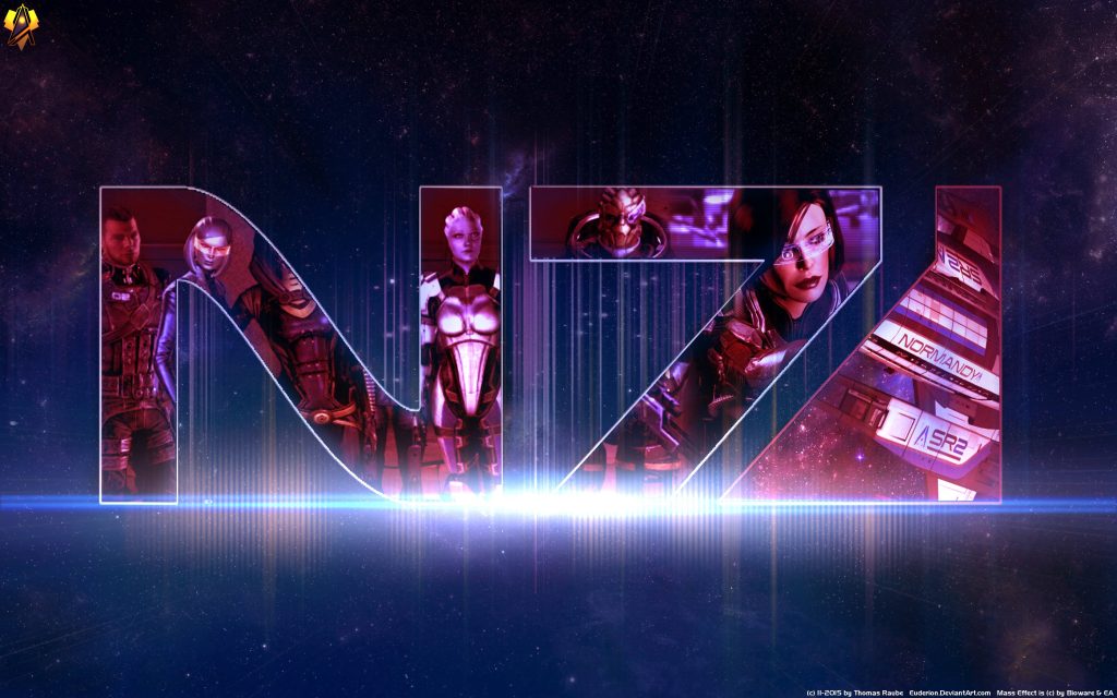 Mass Effect N7 4K wallpaper with Shepard, squad, Normandy SR-2, purple space light flares