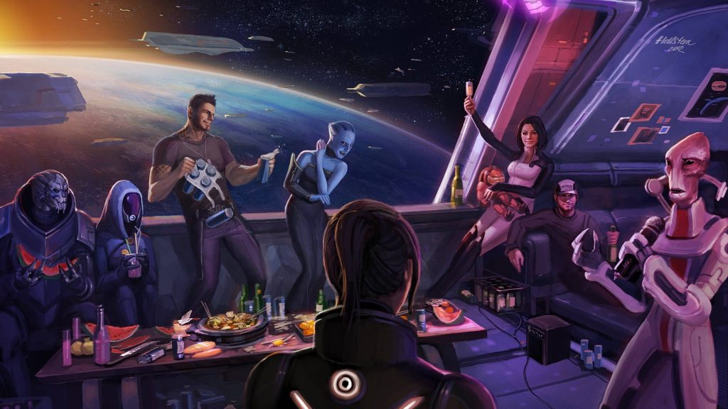 Mass Effect crew celebrating aboard Normandy with vibrant space party and festive atmosphere wallpaper