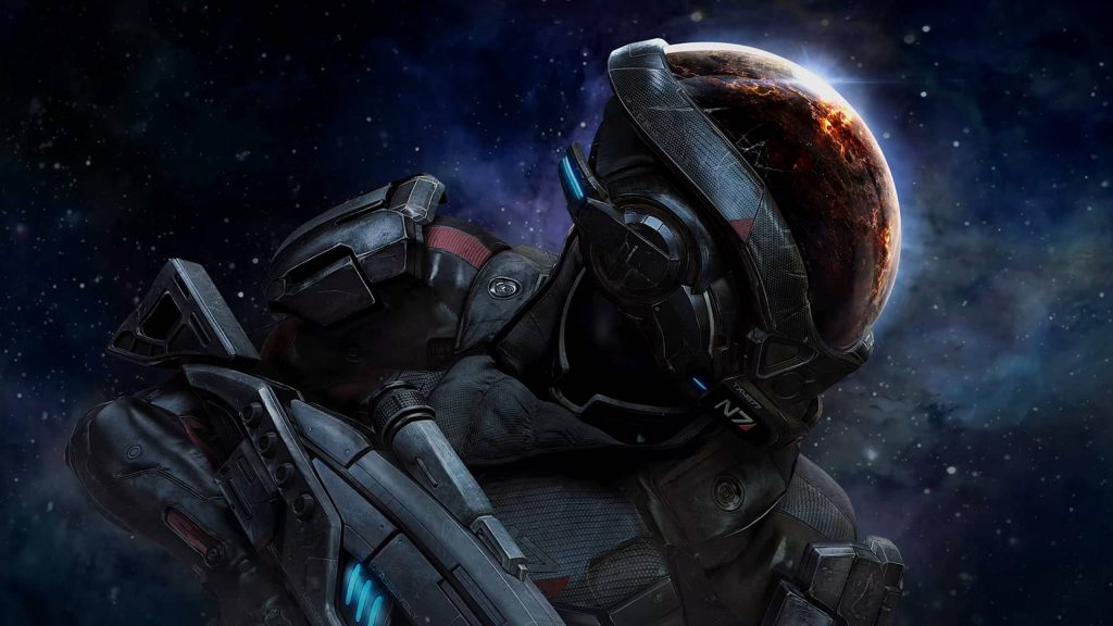Mass Effect Scott Ryder in N7 Pathfinder armor with futuristic rifle and burning planet visor Wallpaper