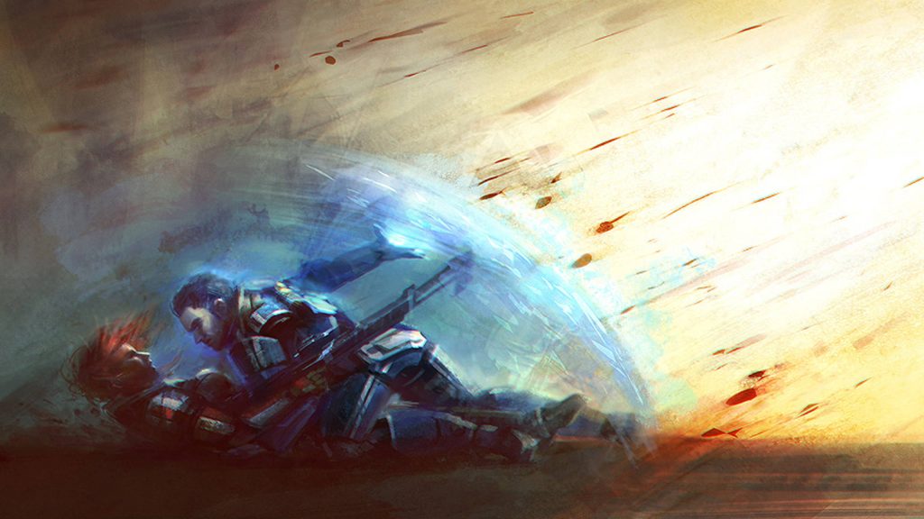 Mass Effect soldier Kaidan Alenko activates glowing blue biotic shield to protect ally in fiery battle Wallpaper