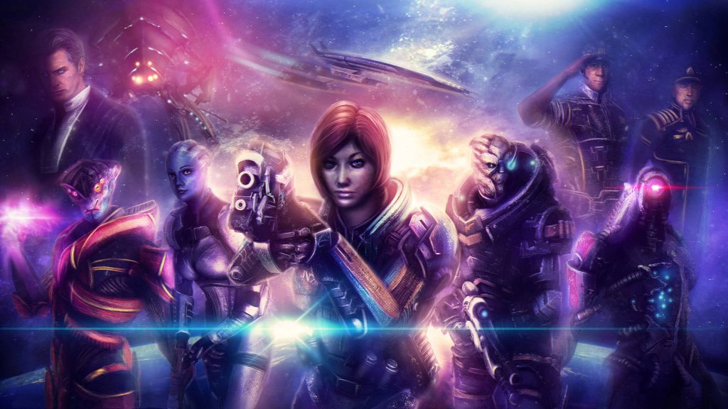 Mass Effect wallpaper with Commander Shepard Liara Tali Thane Normandy SR2 cosmic neon lights