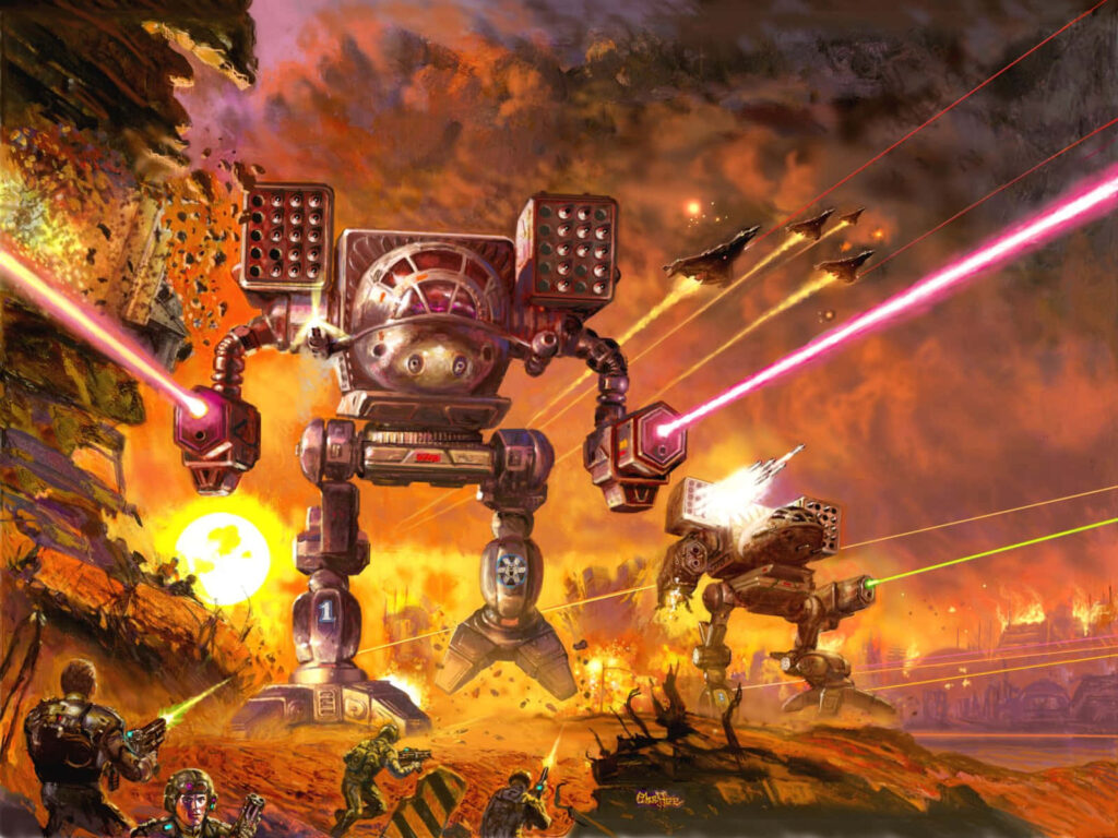 BattleTech mechs fire lasers amid explosions soldiers and aircraft on a fiery intense battlefield Wallpaper