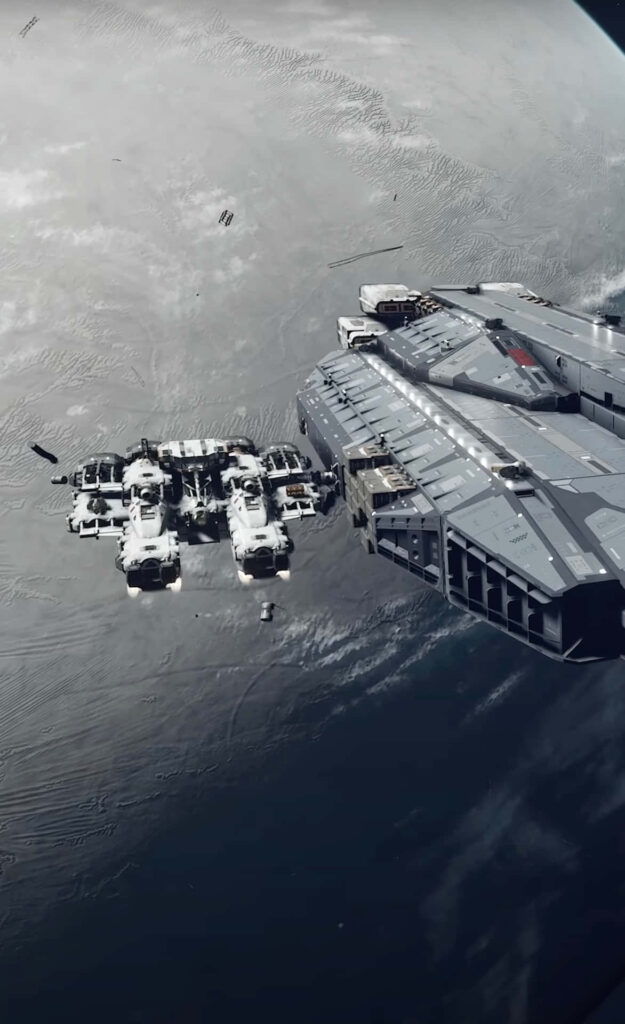 Massive Starfield spaceport above ocean with futuristic spacecraft docked near distant planet wallpaper