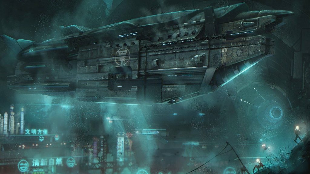 Massive weathered spaceship over vibrant Asian futuristic city teal cyberpunk underwater wallpaper