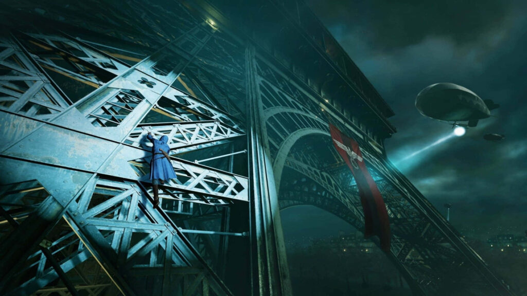 Master Assassin Arno Dorian climbs Eiffel Tower at night with zeppelin over misty Paris skyline wallpaper