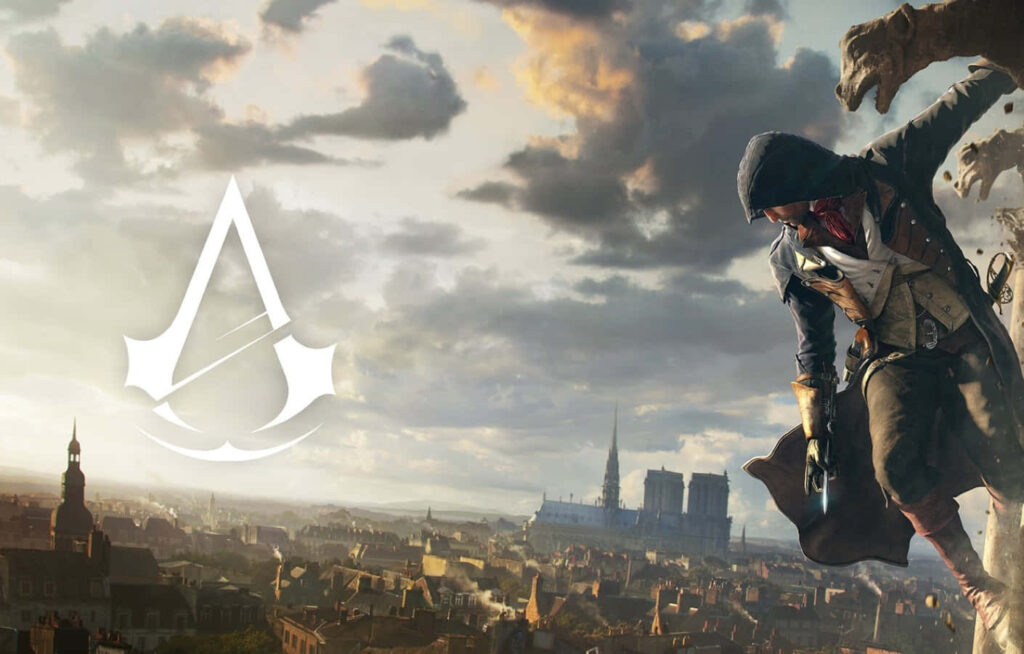 Arno Dorian rooftop overlooking Paris Assassin’s Creed emblem historic cityscape wallpaper