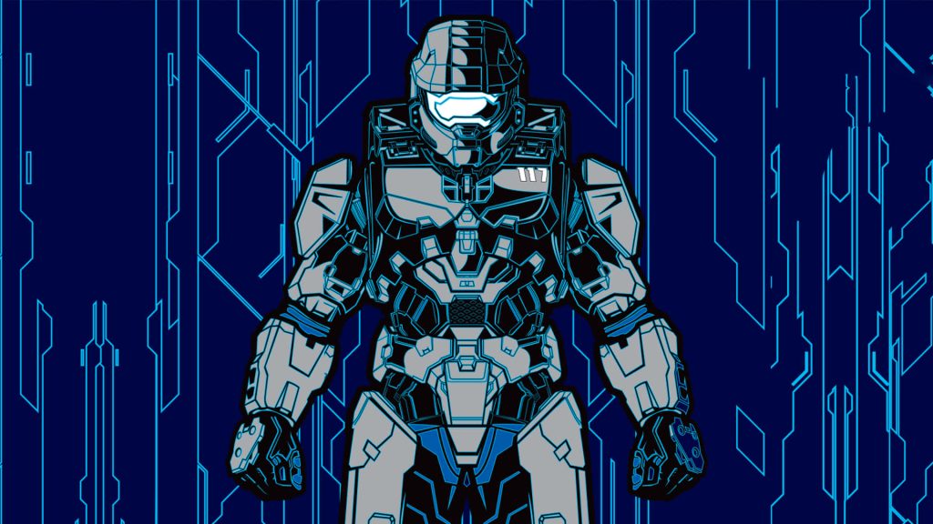 Master Chief Halo Infinite digital illustration neon blue circuit background futuristic wallpaper