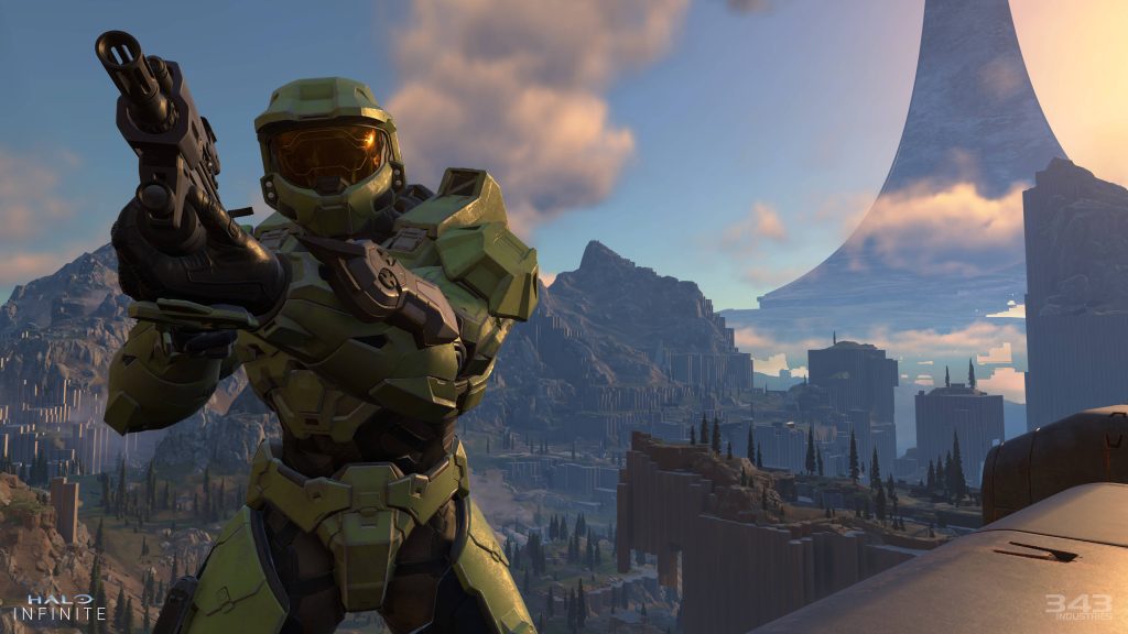Master Chief aiming MA40 Assault Rifle in sunlit Zeta Halo CGI wallpaper background