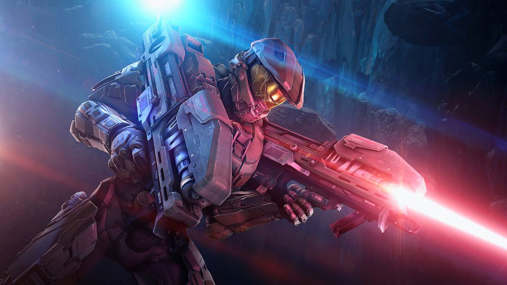 Master Chief in Halo Infinite CGI art with red laser and dramatic blue cavern background wallpaper