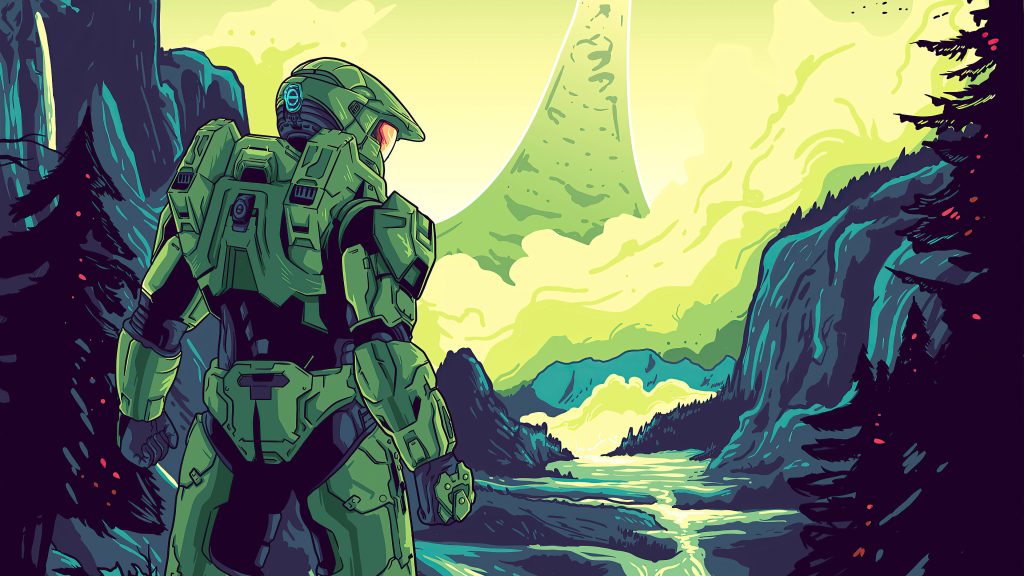 Master Chief in vibrant green yellow 4k vector Halo ring landscape sci-fi wallpaper background