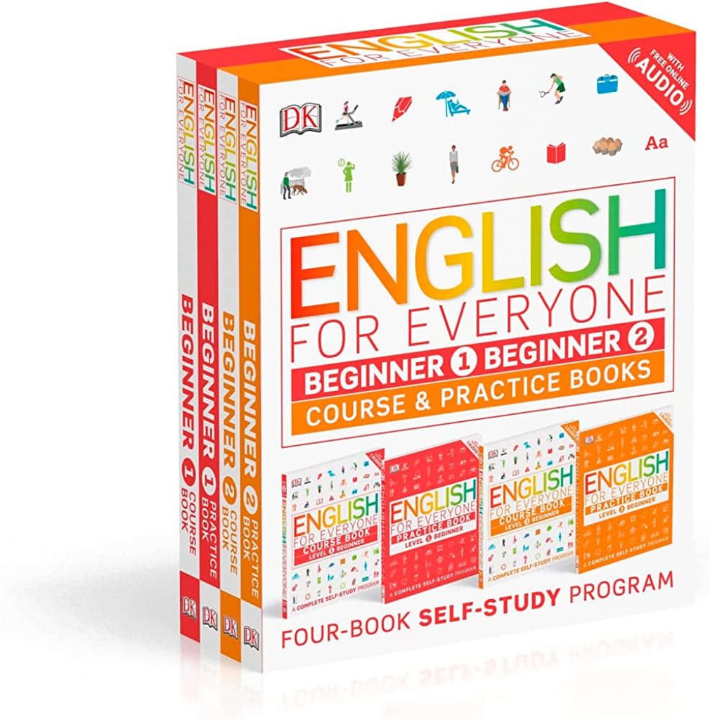 DK English for Everyone Beginner 1 and 2 four-book self-study set with vibrant red orange design Wallpaper