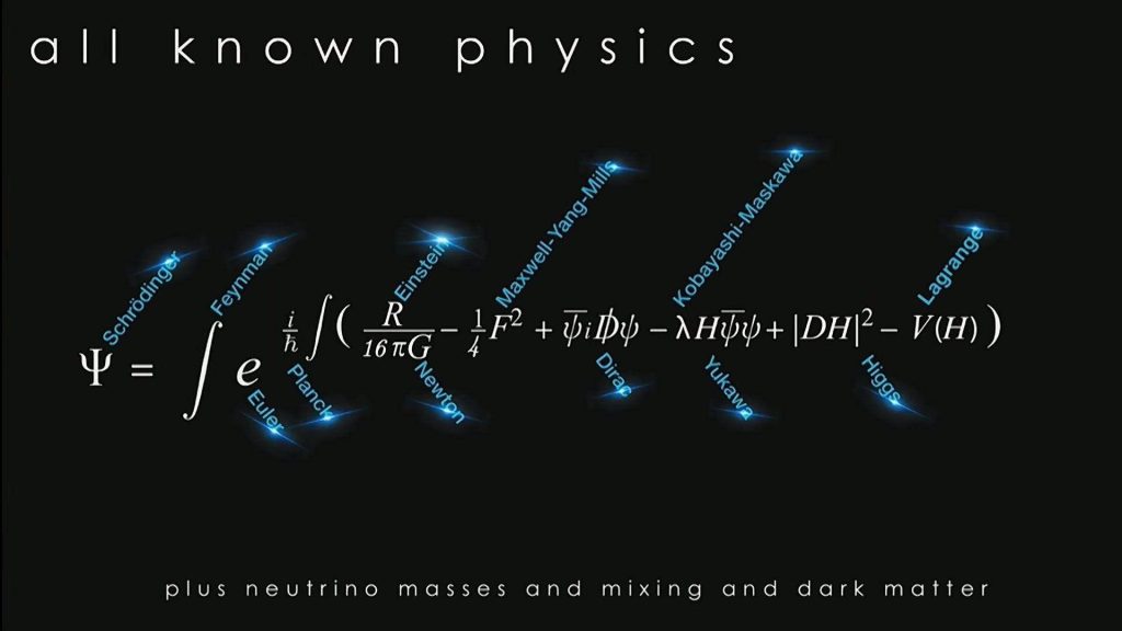 Elegant digital physics wallpaper featuring the Master Equation with labels of famous scientists