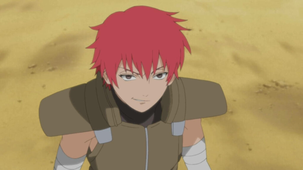 Smirking Sasori: A Vibrant Red-Haired Akatsuki's Captivating Battle Pose - Naruto Shippuden Wallpaper