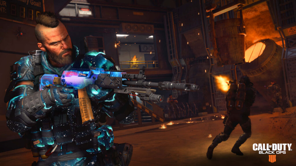 Intense gameplay in Call of Duty: Black Ops 4 wallpaper with futuristic soldiers and explosive action