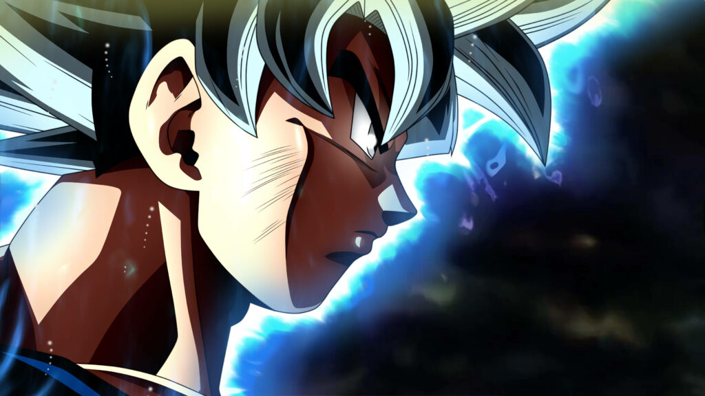 Son Goku Mastered Ultra Instinct 4K anime wallpaper silver hair glowing blue aura side profile