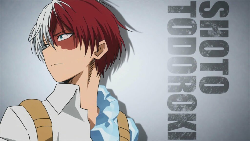 Shoto Todoroki from My Hero Academia in U.A. High School uniform, displaying dual ice and fire abilities Wallpaper