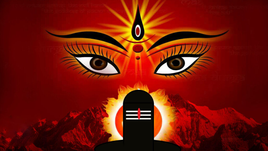 The Divine Gaze: Mata Rani's Alluring Eyes Mesmerize Amidst Majestic Red Mountains, Graced by a Sacred Tilak Mark and Radiant Sun Wallpaper