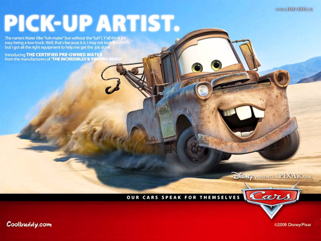 Mater the tow truck speeds joyfully through desert dust in vibrant Cars movie wallpaper background