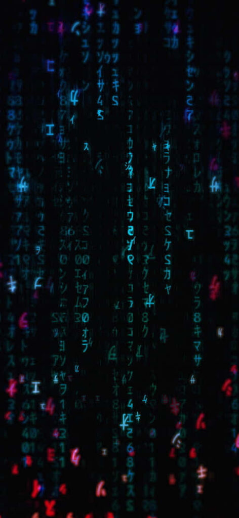 AMOLED digital matrix rain wallpaper with neon cyan blue red cascading lines on black background