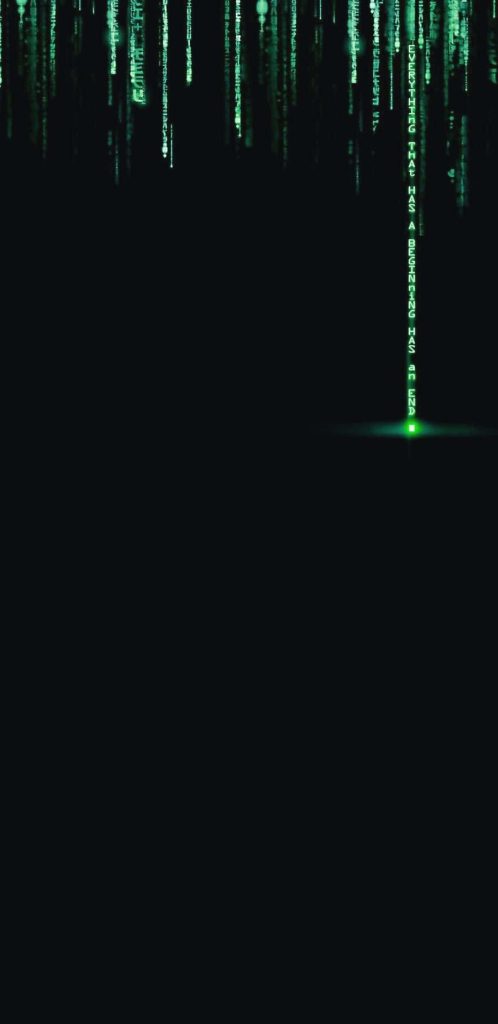 Matrix inspired OLED wallpaper with green digital rain and profound quote on black background