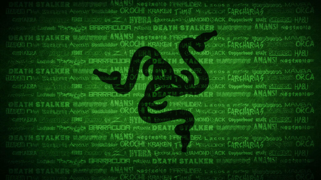 Matrix-Inspired Razer PC Wallpaper: Silhouette of Logo Overlaying Scattered Product Names in Futuristic Design