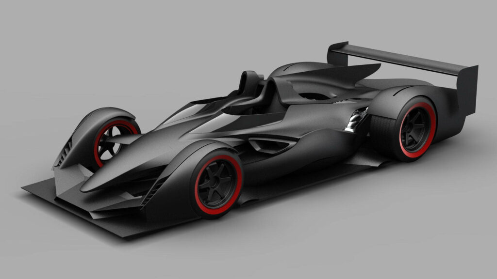 Matte black 3D sports car with red-rimmed wheels and aerodynamic curves on grey background Wallpaper