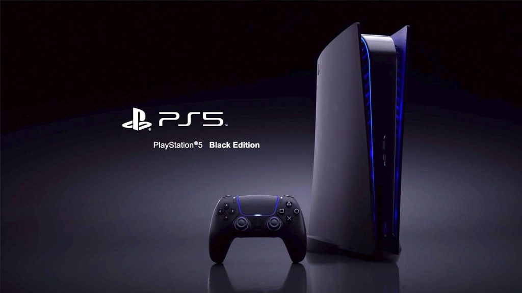 Matte black PlayStation 5 and DualSense controller wallpaper with blue LED lights background