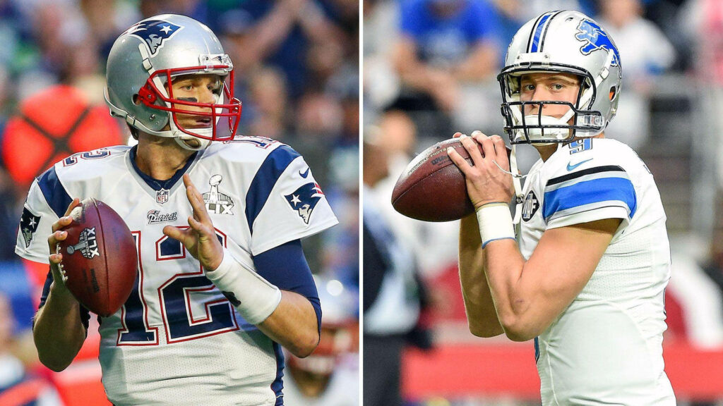 NFL quarterbacks Matthew Stafford Detroit Lions and Tom Brady New England Patriots split-screen wallpaper