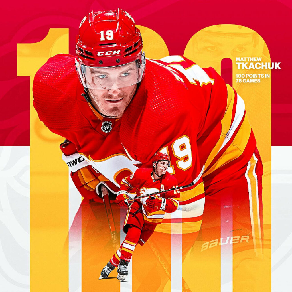 Matthew Tkachuk Calgary Flames wallpaper celebrating 100 points with bold gold and team colors