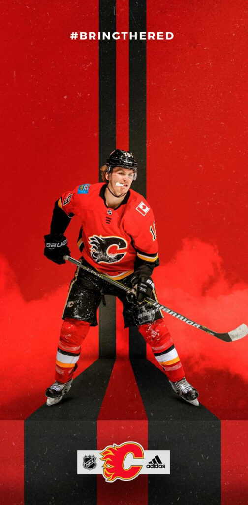 Matthew Tkachuk in Calgary Flames uniform on intense red black background NHL hockey wallpaper