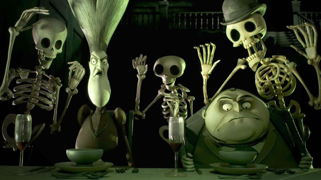 Maudeline and Finis Everglot with skeletal residents gothic wallpaper in Tim Burton style
