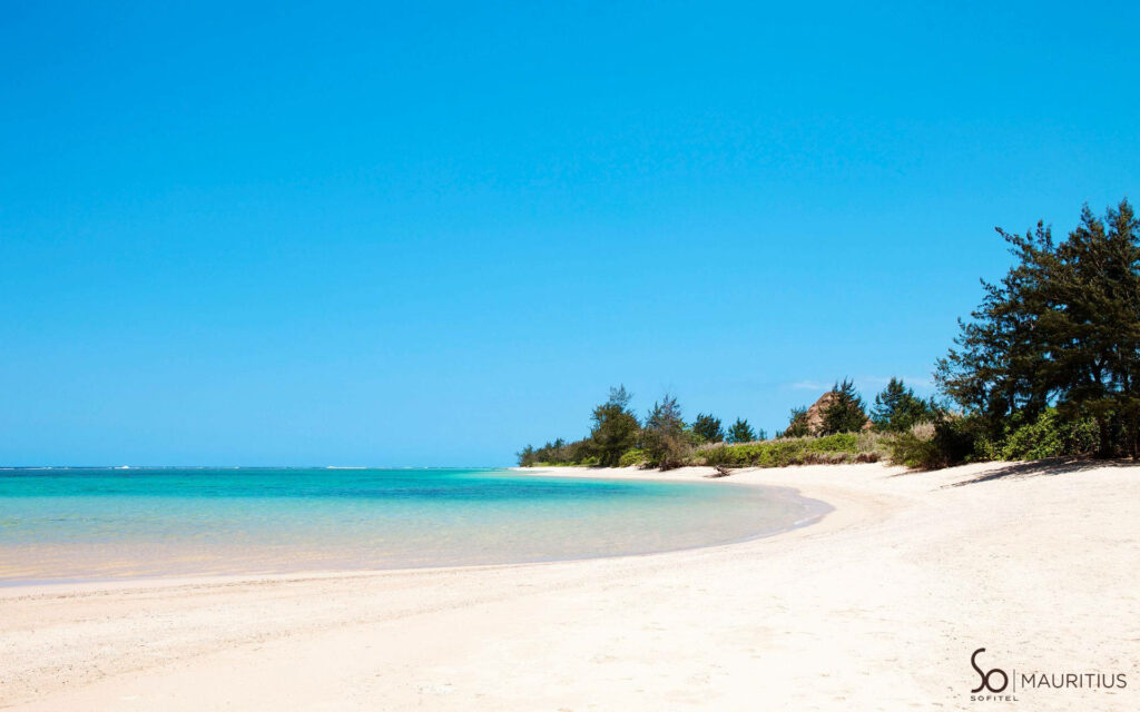 Serenity Unveiled: A Majestic Mauritius Beachscape Boasting Pristine White Sands, Calming Blue Waters, and Lush Tropical Surroundings Wallpaper