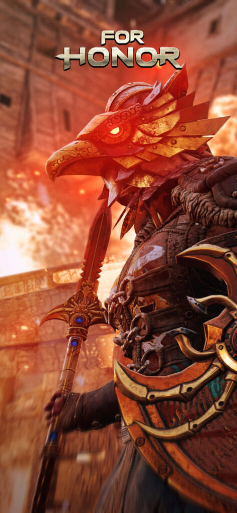 For Honor Warrior in Ornate Bird Mask Stands Ready for Battle on Fiery Battlefield Wallpaper