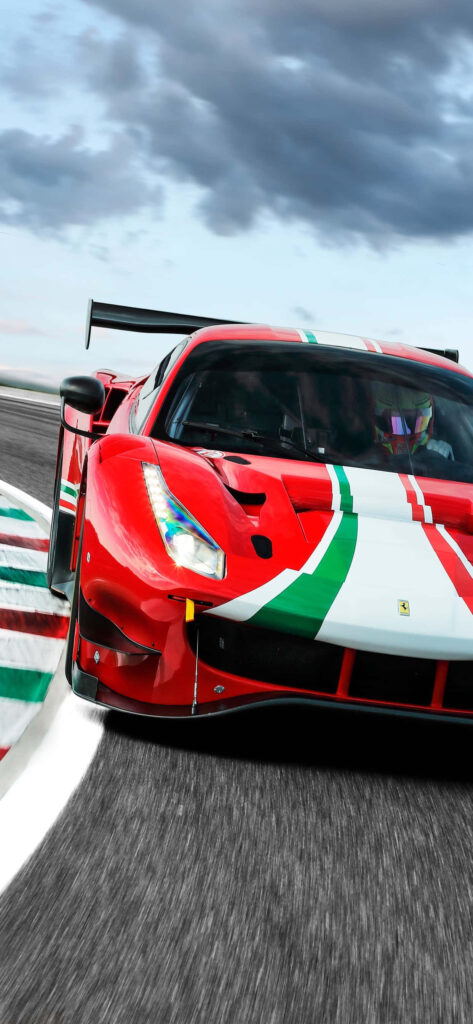 Captivating Snapshot of Exhilarating Ferrari 488 GT3 Racing on Track with Max Ferrari Backdrop Wallpaper