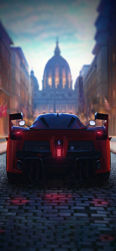 Cruising in Style: A Captivating Snapshot of a Max Ferrari against Historic Cobblestone Wallpaper