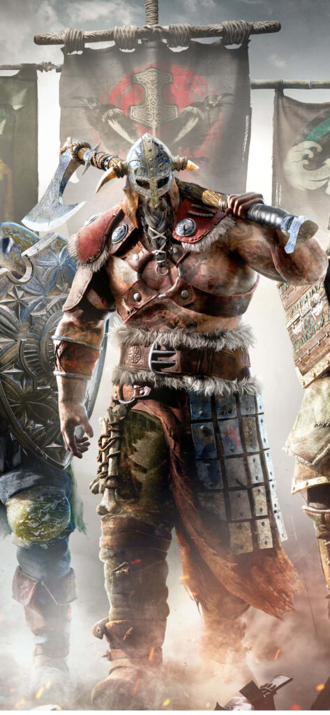 For Honor Warrior Wallpaper: Medieval Combat Atmosphere with Weapons and Banners on Battlefield