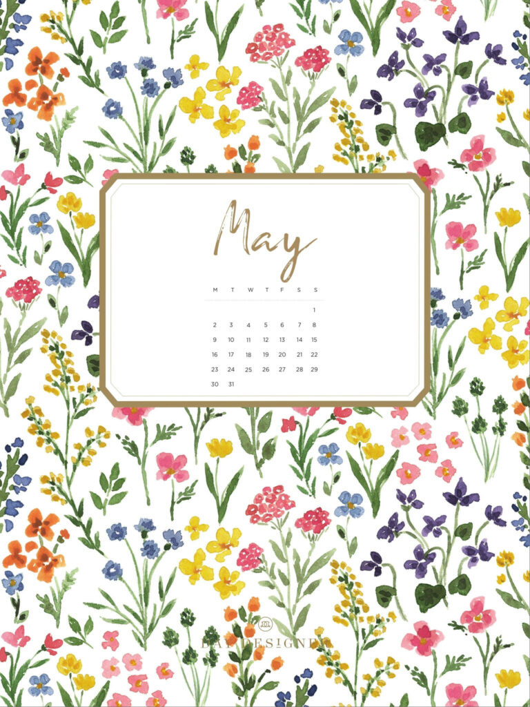 May 2022 calendar wallpaper with vibrant hand-painted pink yellow blue purple floral pattern on white