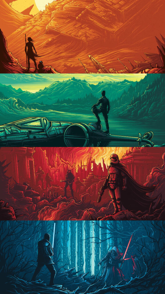 Galactic Masterpiece: A Stunning Star Wars Collage – Immersive Phone Wallpaper Showcasing Iconic Franchise Moments and Characters with Dynamic Color Palettes