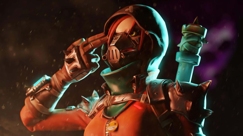 Mayhem Fortnite 4k wallpaper with cinematic lighting teal rim spiked armor gritty action style