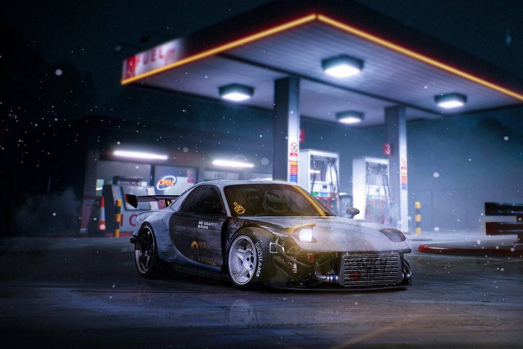 Moody digital art of custom Mazda RX-7 drift car at snowy gas station with blue lighting Wallpaper