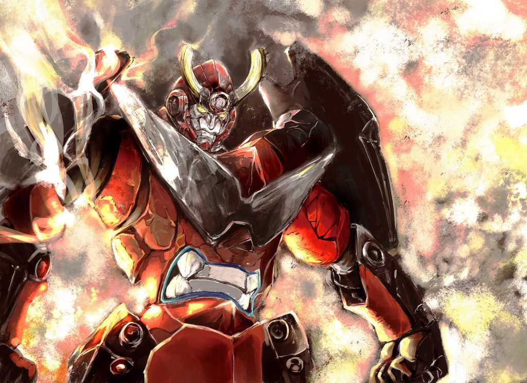 Mazinger Z mecha with red black armor and golden horns amid swirling fire and smoke wallpaper