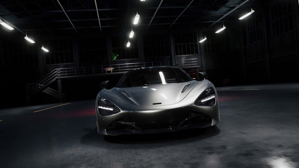 Front view of McLaren 720S showcasing sleek design and power in modern garage lighting wallpaper